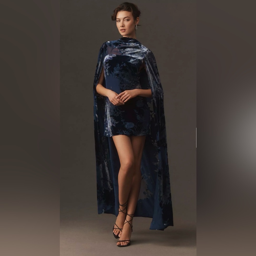 Velvet Floral Mini Dress with Matching Long Cape - Navy Blue
